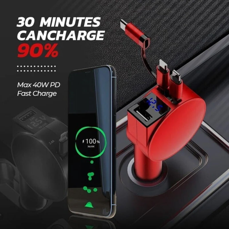 Compact 3-in-1 fast charging car adapter with retractable USB cable for vehicle electronics