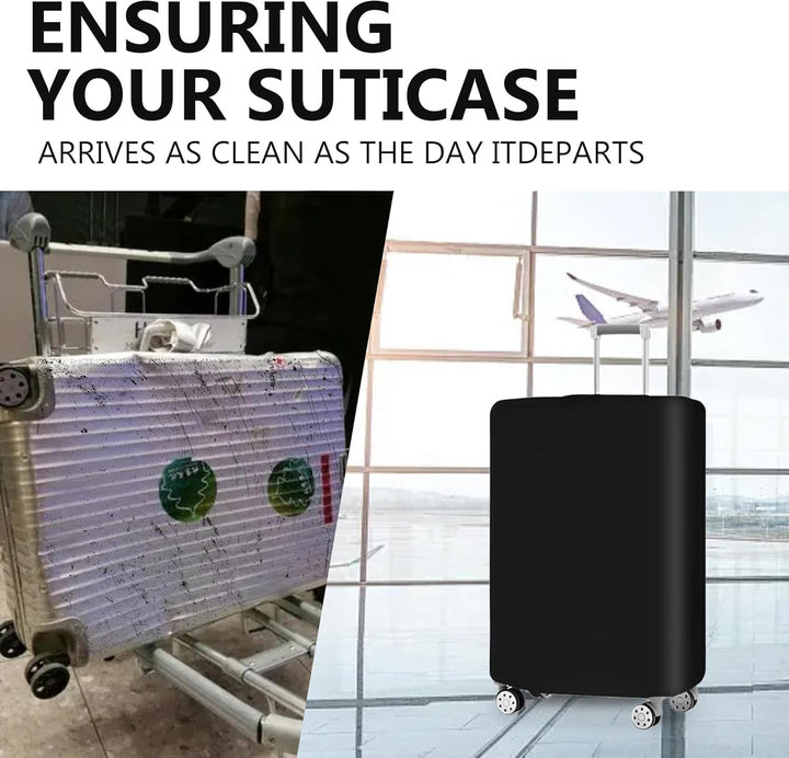 Black stretchable travel luggage cover set. Durable suitcase protector, anti-scratch & dustproof for travel gear.