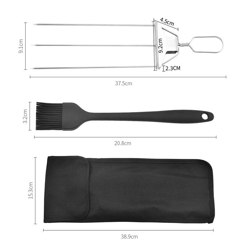 Package of 3-way stainless steel grill skewers, ready for your next BBQ