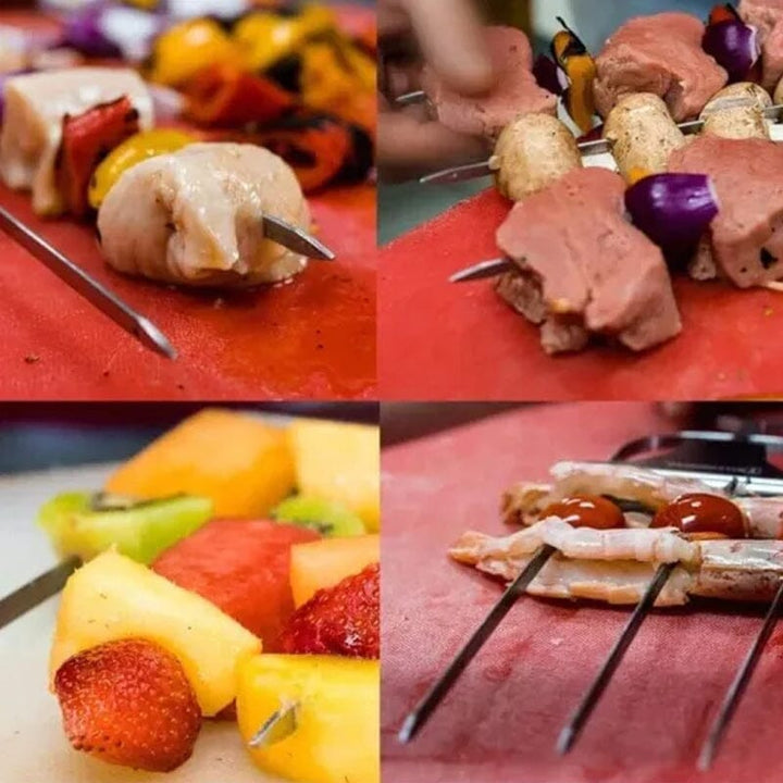Innovative 3-way design on stainless steel skewers ensures food stays secure on the grill