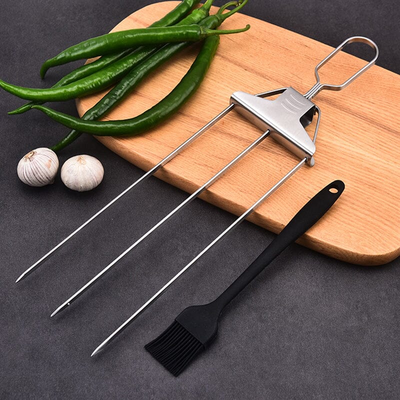 Durable stainless steel grill skewers with 3-way design for even cooking of kabobs