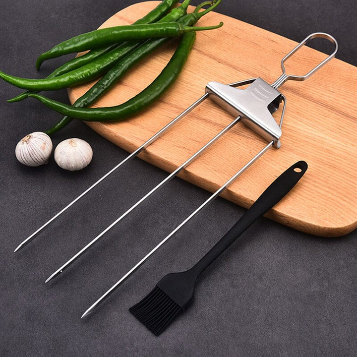 Durable stainless steel grill skewers with 3-way design for even cooking of kabobs
