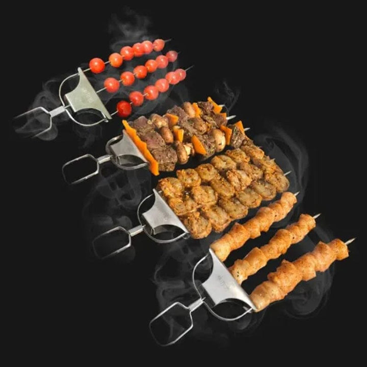 Ergonomic 3-way stainless steel grill skewers for easy handling during BBQ