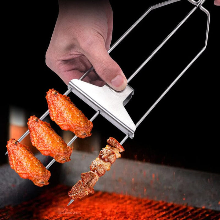 Close-up of the 3-way design on stainless steel grill skewers for kabobs