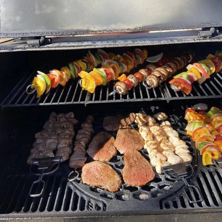 Stainless steel grill skewers with food, showcasing their 3-way functionality for BBQ