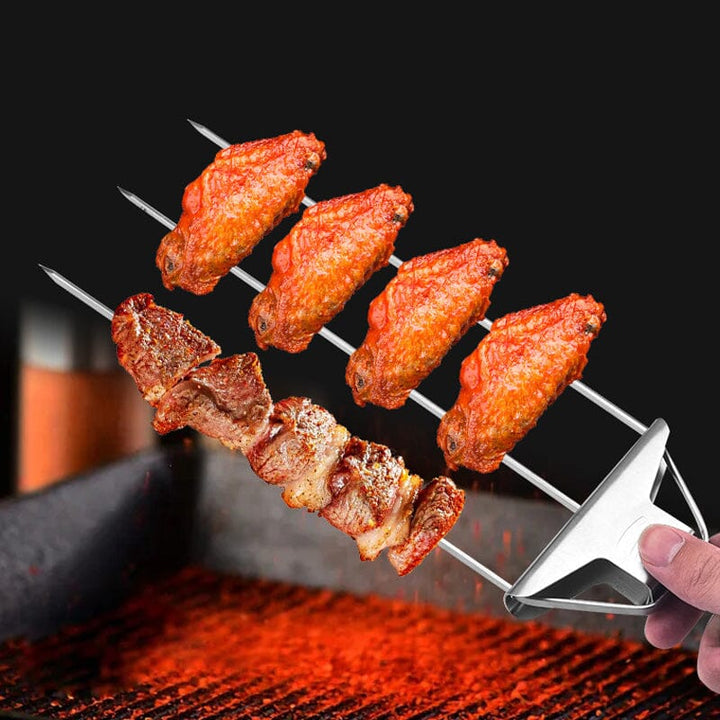 Compact stainless steel grill skewers, ideal for camping and outdoor cooking