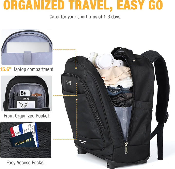 Water-resistant 30L rolling laptop backpack with smooth spinner wheels for business travel and commuting.