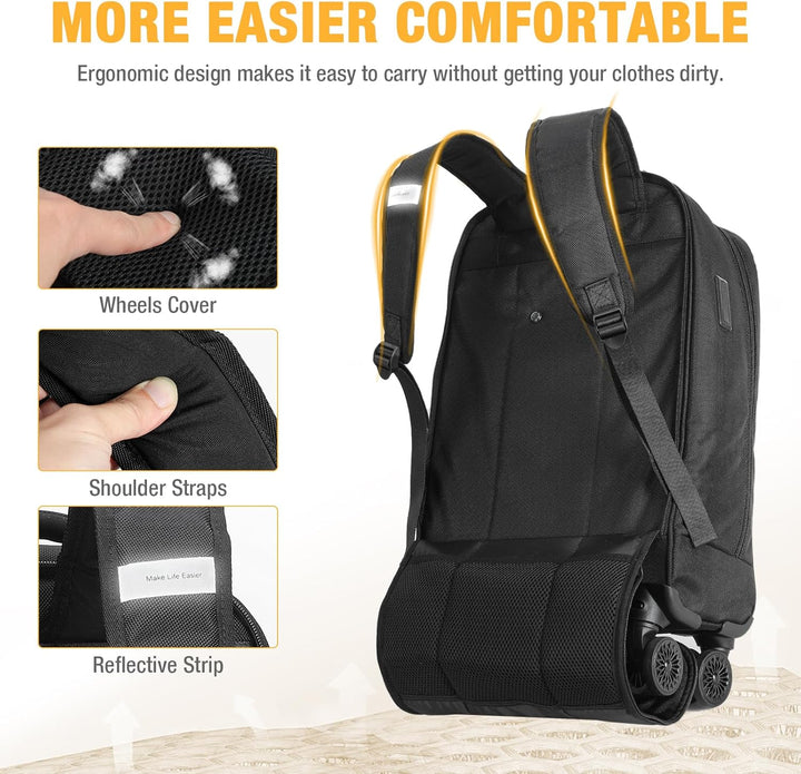 Unisex 30L rolling laptop backpack, water-resistant with spinner wheels. Great for business, travel, daily commute.