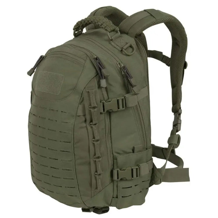 Back view of a 30L tactical hiking rucksack with padded straps & breathable back panel, comfortable for long treks.