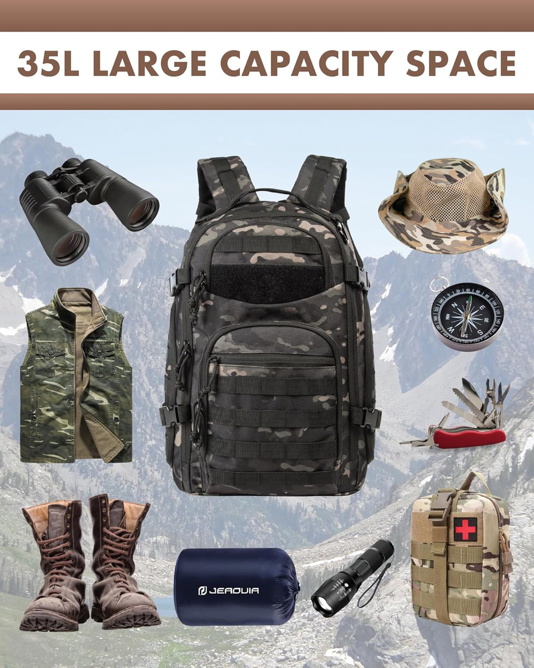 Tactical travel backpack, 35L capacity with laptop storage & Molle, designed for rugged exploration.