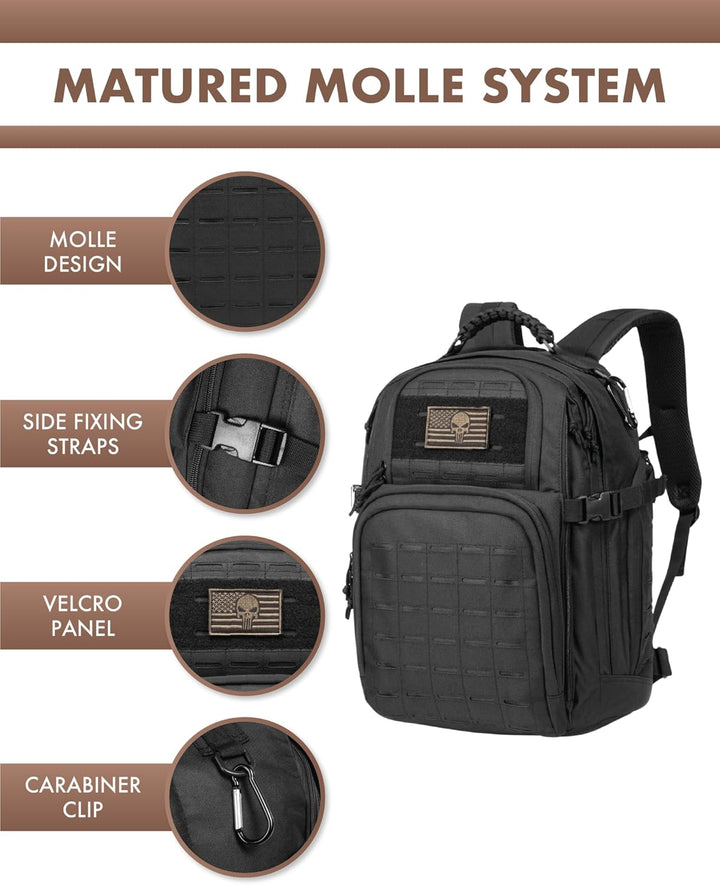 Adventure-ready 35L tactical backpack with Molle system for gear expansion & dedicated laptop compartment.