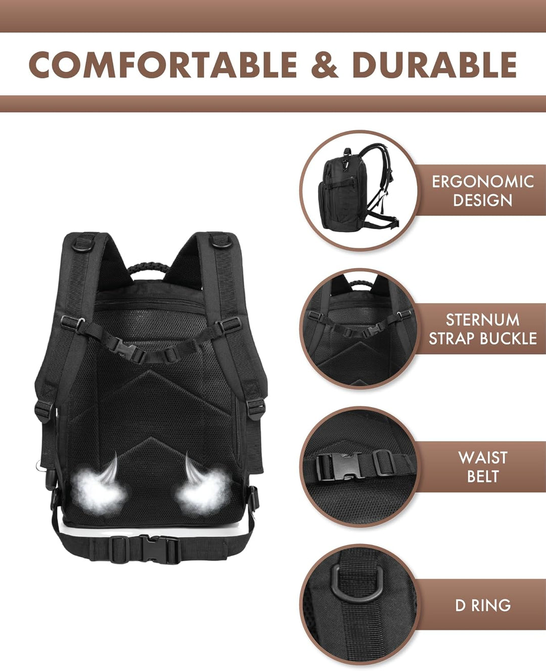 Unisex outdoor gear bag, 35L, featuring robust construction, Molle webbing, and laptop protection.