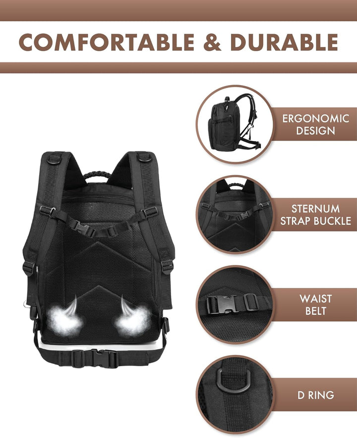 Unisex outdoor gear bag, 35L, featuring robust construction, Molle webbing, and laptop protection.