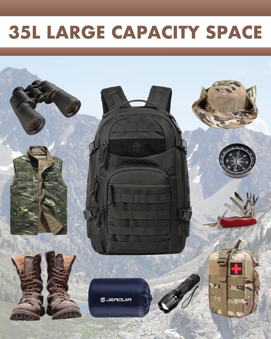 Unisex adventure pack, 35L, designed for maximum utility, featuring Molle webbing and a padded laptop area.