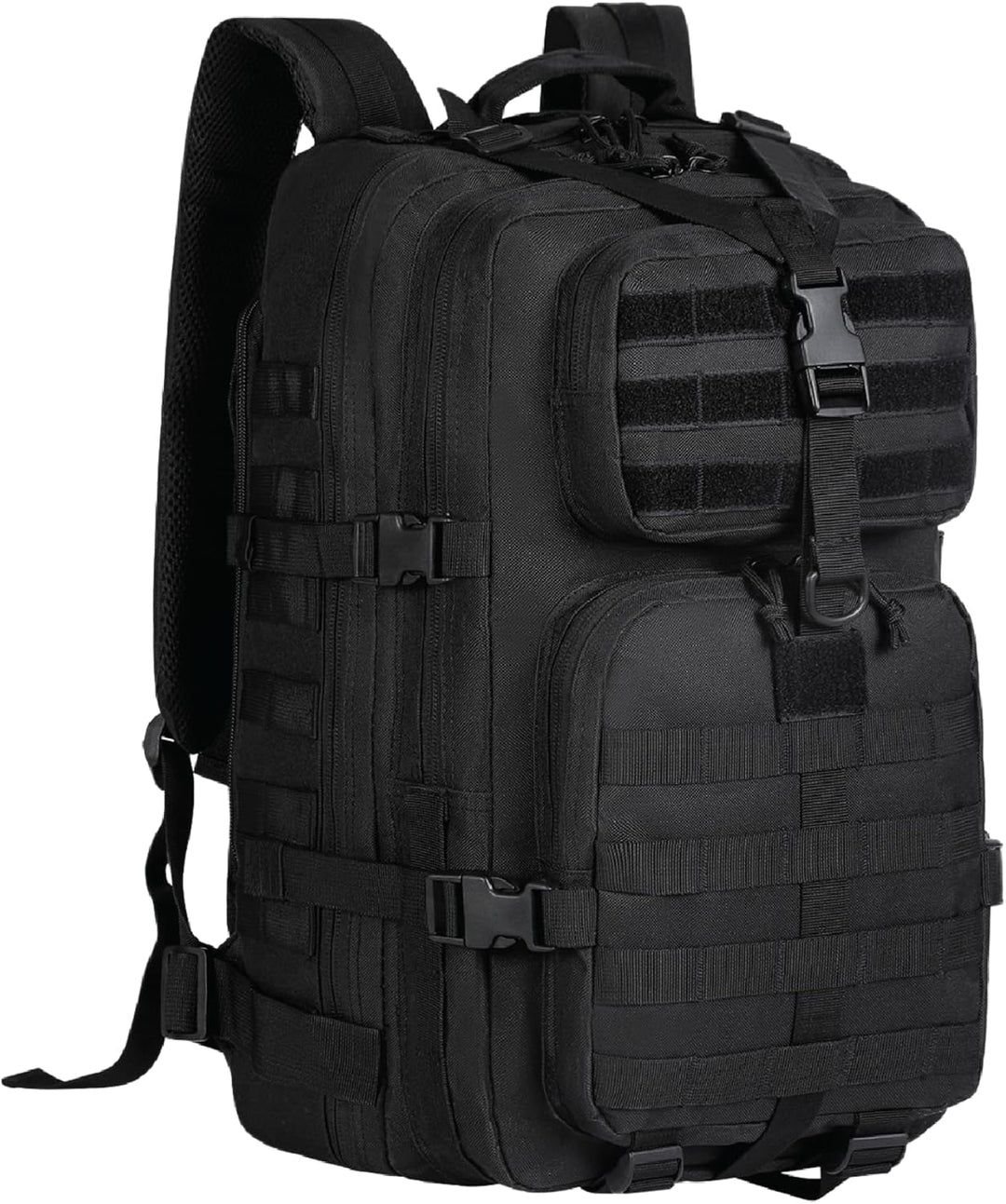 Side profile of a rugged 35L outdoor backpack, highlighting its robust design and expansion capabilities.