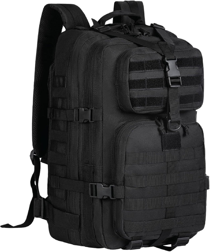 Side profile of a rugged 35L outdoor backpack, highlighting its robust design and expansion capabilities.