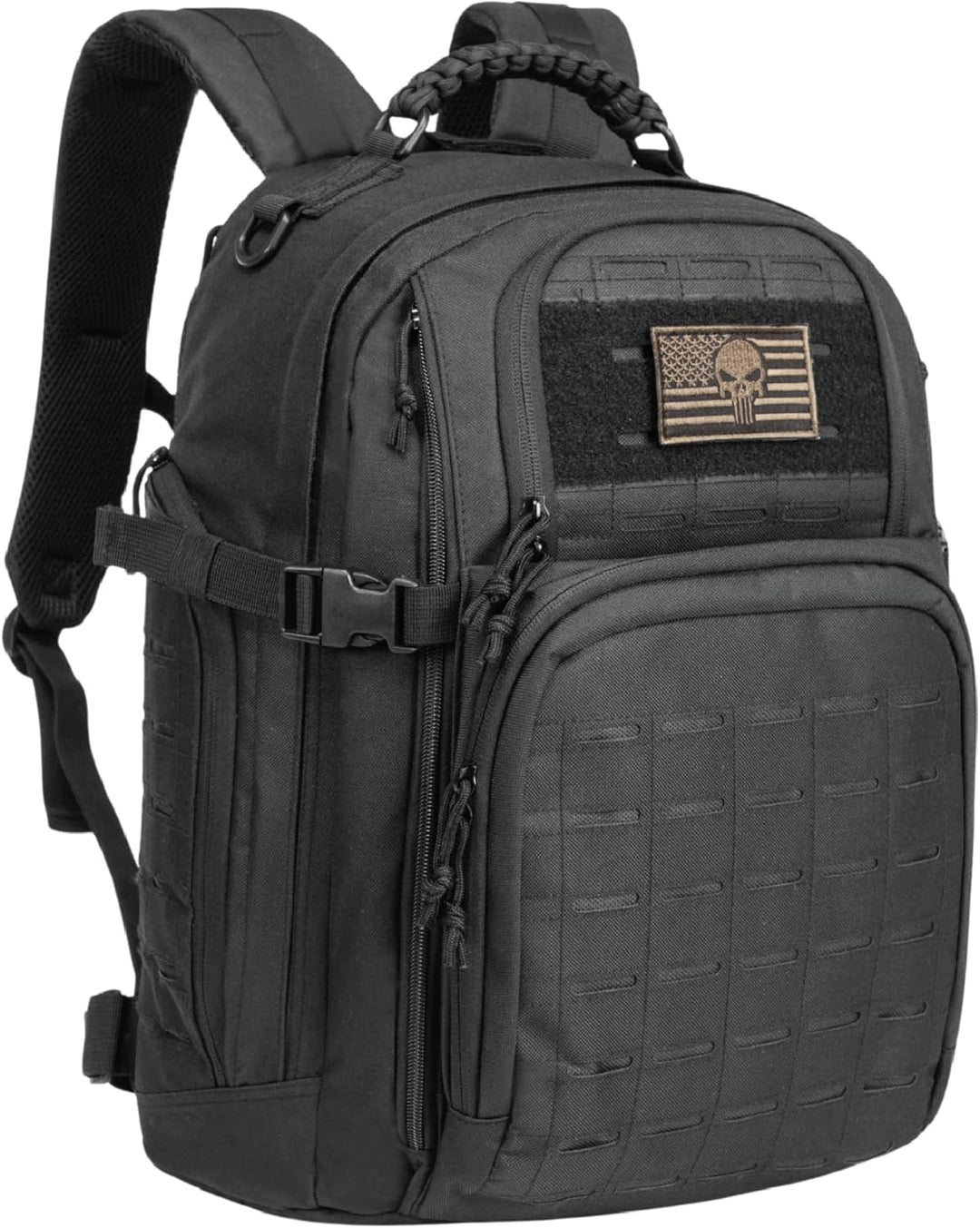 Back of a unisex 35L tactical pack with ergonomic straps, ideal for comfortable hiking and travel.
