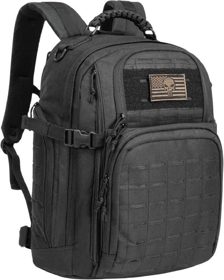 Back of a unisex 35L tactical pack with ergonomic straps, ideal for comfortable hiking and travel.
