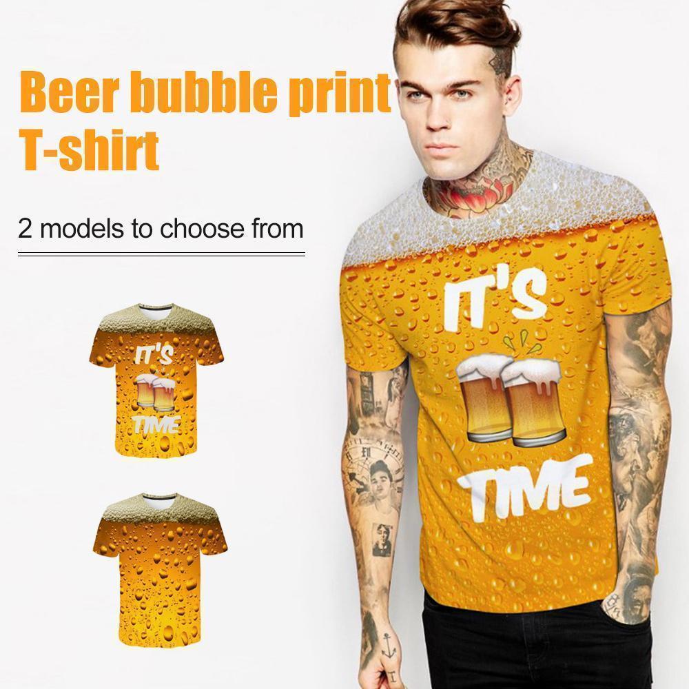Model wearing a unisex 3D print beer bubble t-shirt, ideal for summer casual wear