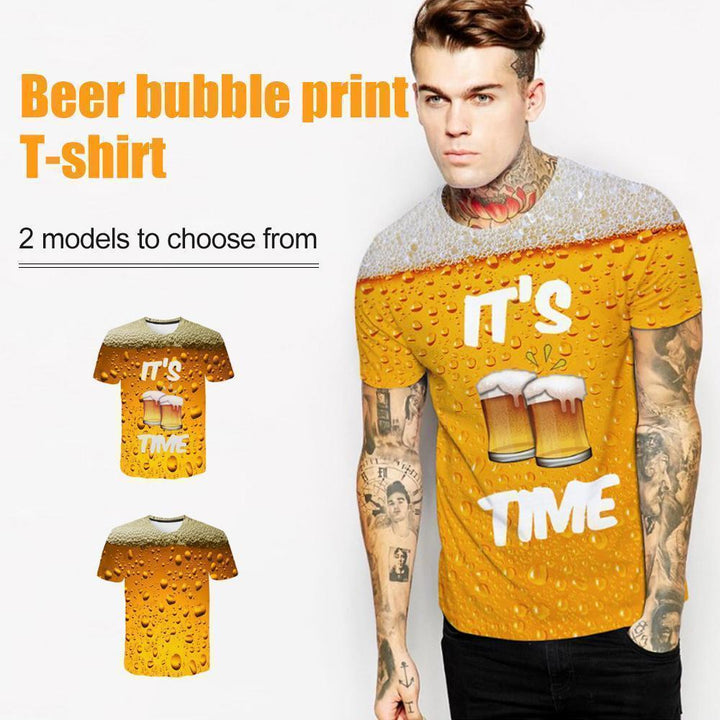 Model wearing a unisex 3D print beer bubble t-shirt, ideal for summer casual wear