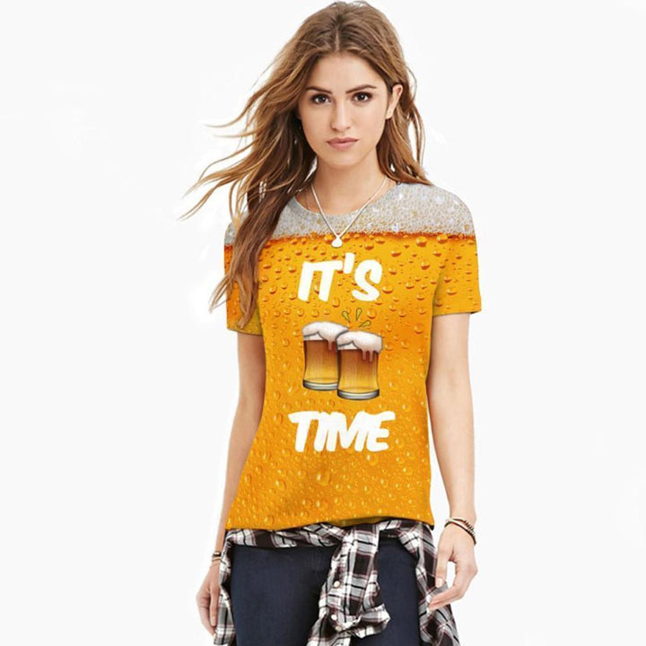 Front view of a polyester blend unisex beer bubble short sleeve t-shirt, novelty graphic tee