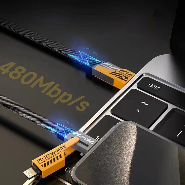 Unisex multiport charging cable showing its flexibility and strength due to nylon braiding.