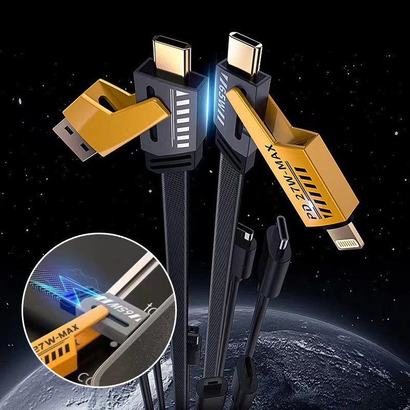 Close-up of the multiport connectors on a 65W fast charging USB cable, displaying USB-C and Lightning.