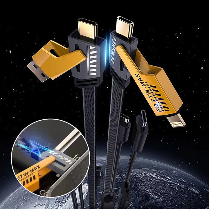 Close-up of the multiport connectors on a 65W fast charging USB cable, displaying USB-C and Lightning.
