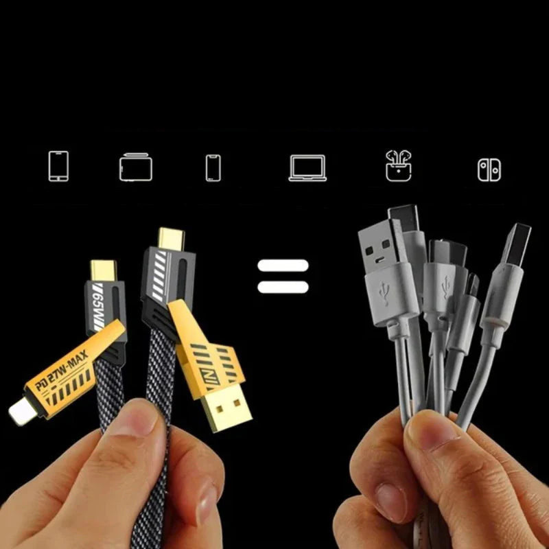 Versatile 4-in-1 fast charge USB cable, demonstrating its compatibility with various smartphones and tablets.