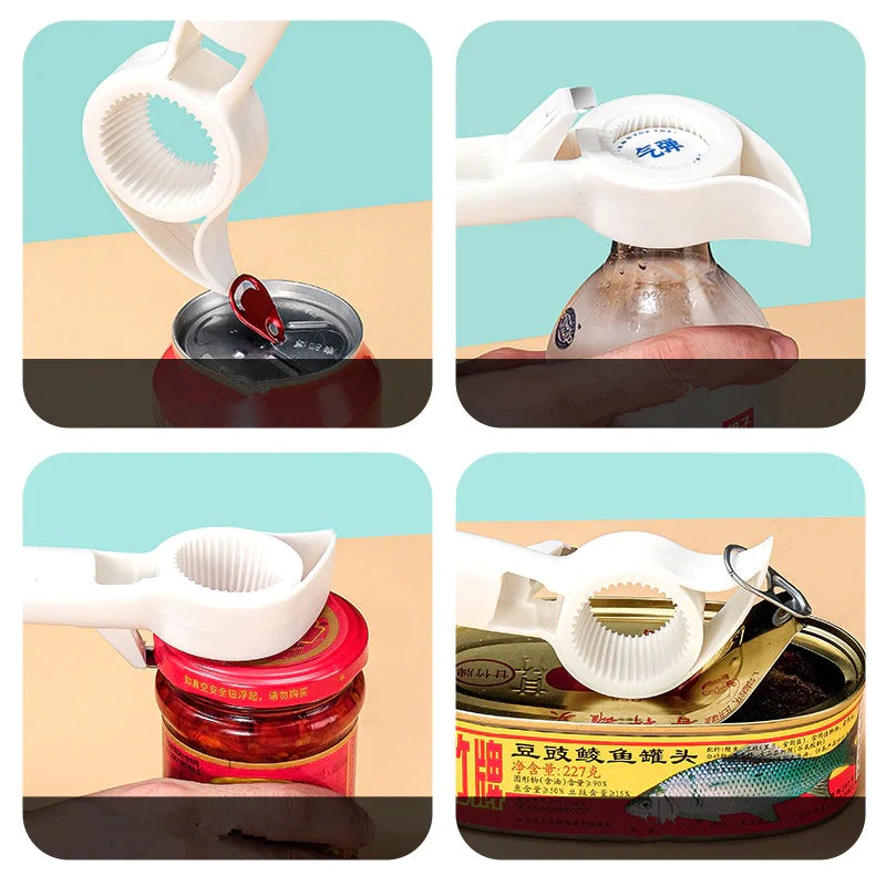 Unisex grip 4-in-1 bottle opener, simplifies opening jars, bottles, and cans with ease