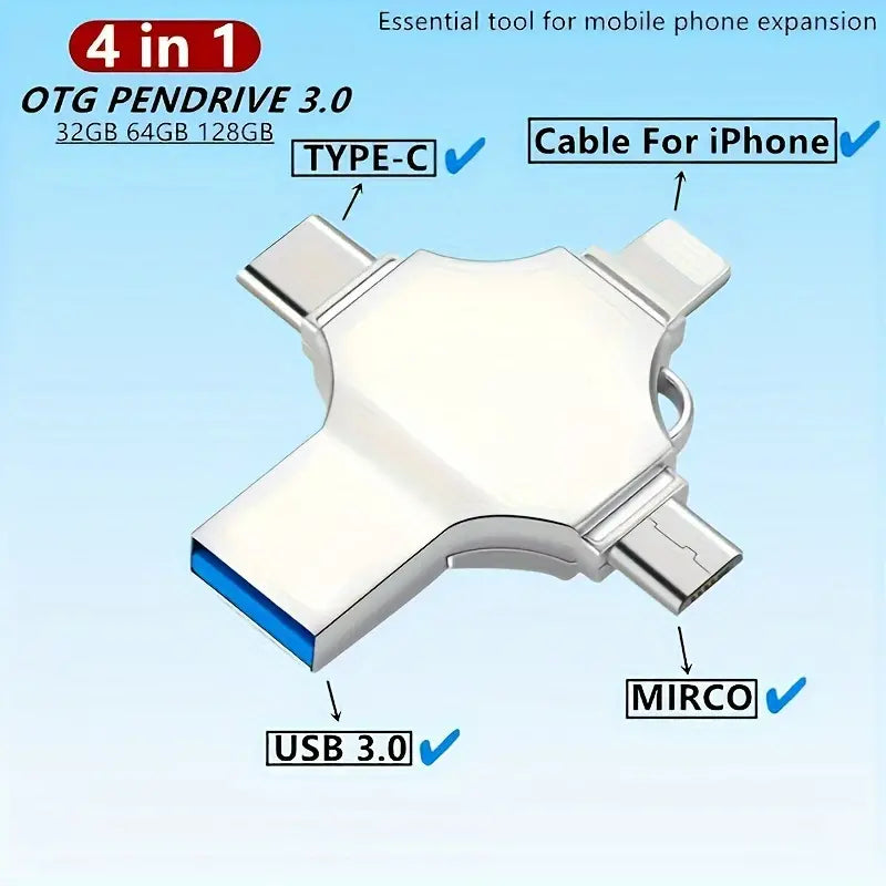 High-speed 4-in-1 USB 3.0 flash drive, perfect for data transfer, compatible with various USB ports