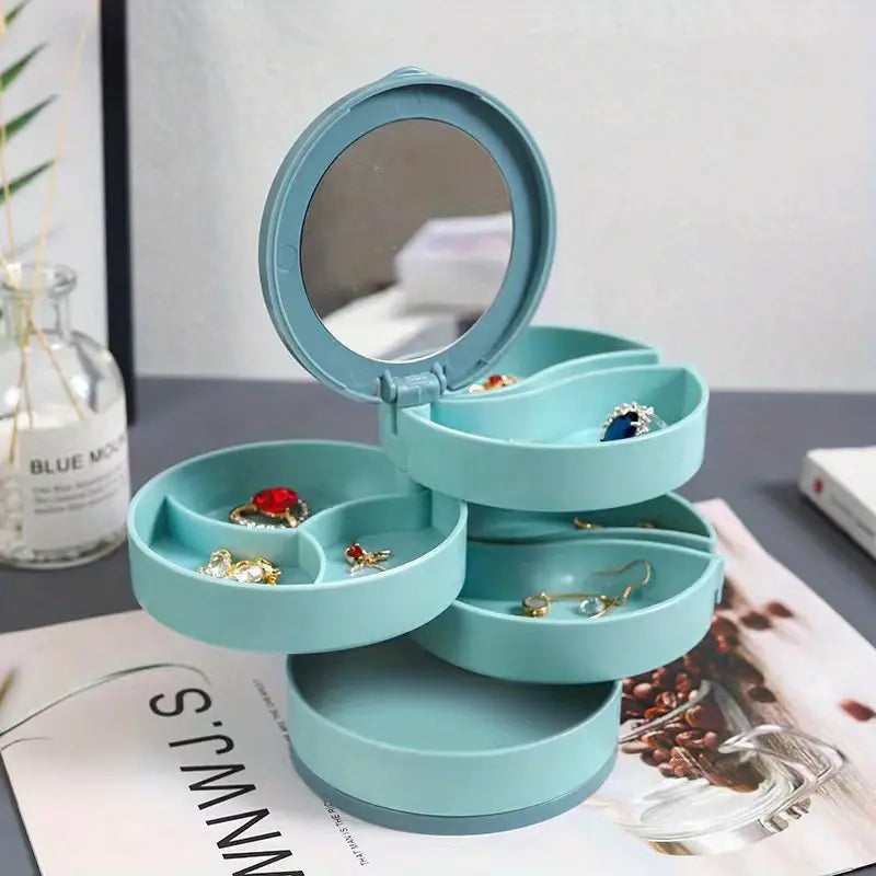 Dustproof feature of the closed 4-layer rotatable jewelry storage box, keeping contents safe