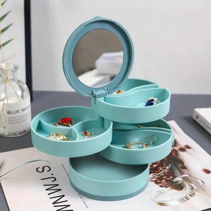 Dustproof feature of the closed 4-layer rotatable jewelry storage box, keeping contents safe