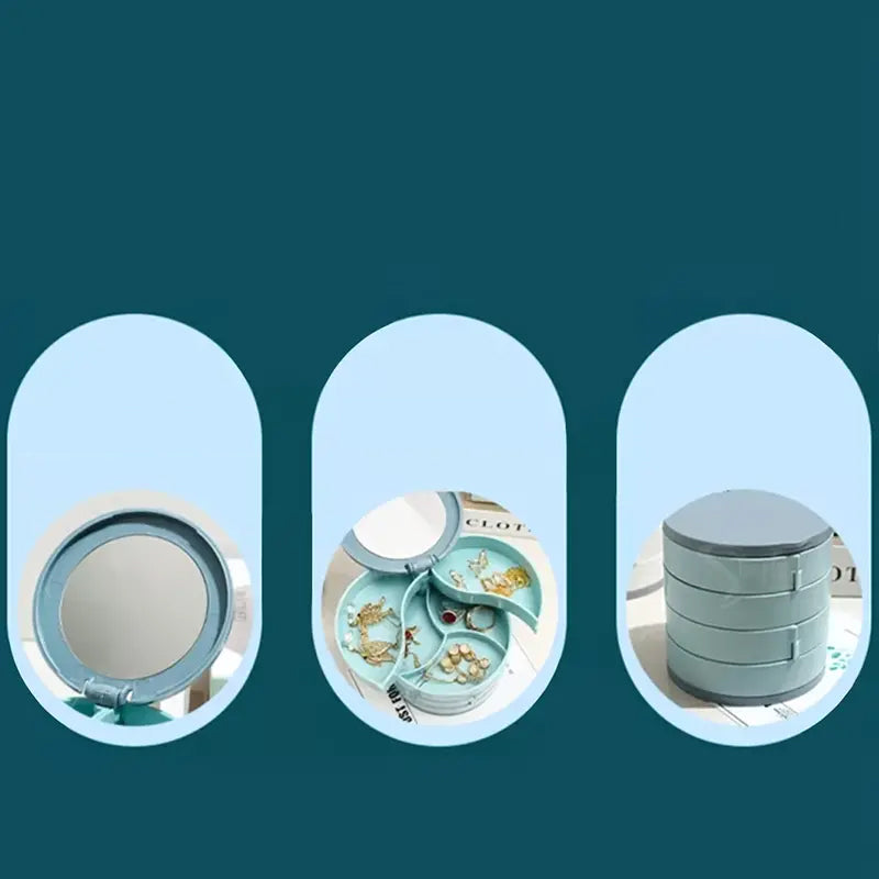 Open 4-layer rotatable jewelry box revealing internal compartments for various accessories and cosmetics