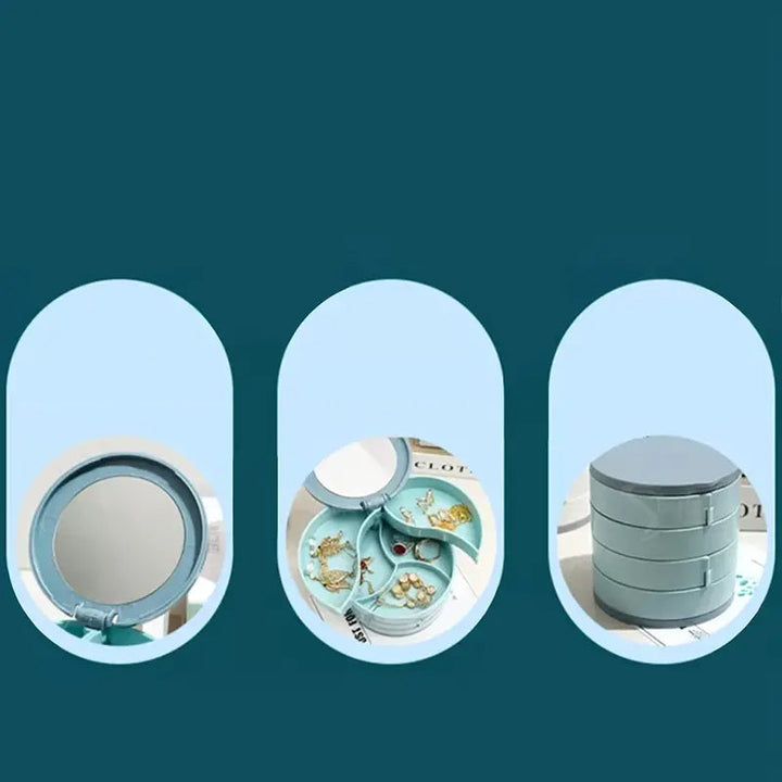 Open 4-layer rotatable jewelry box revealing internal compartments for various accessories and cosmetics