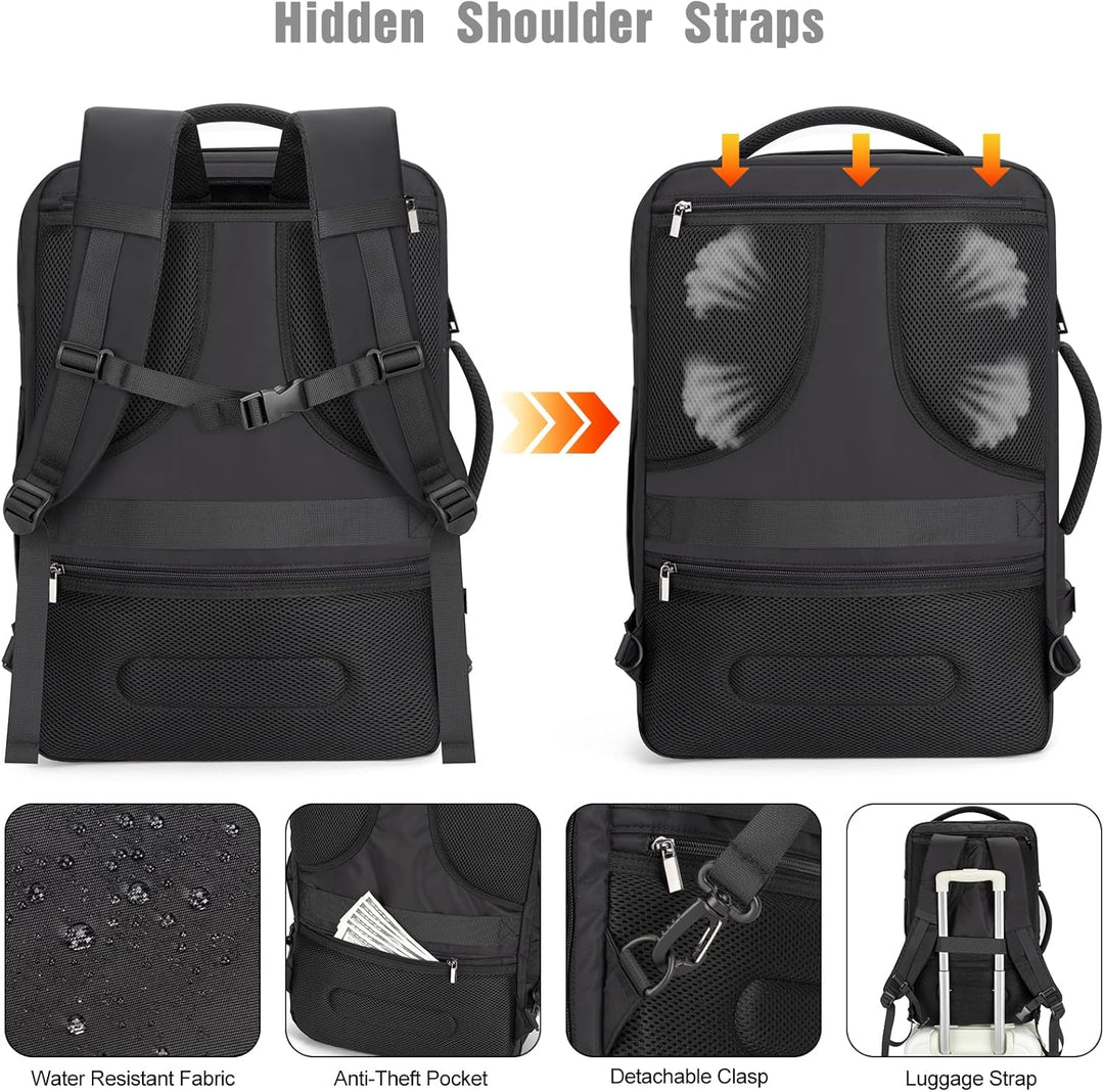 Black 40L travel laptop backpack for men & women, featuring USB charging & anti-theft lock. Ideal for business.