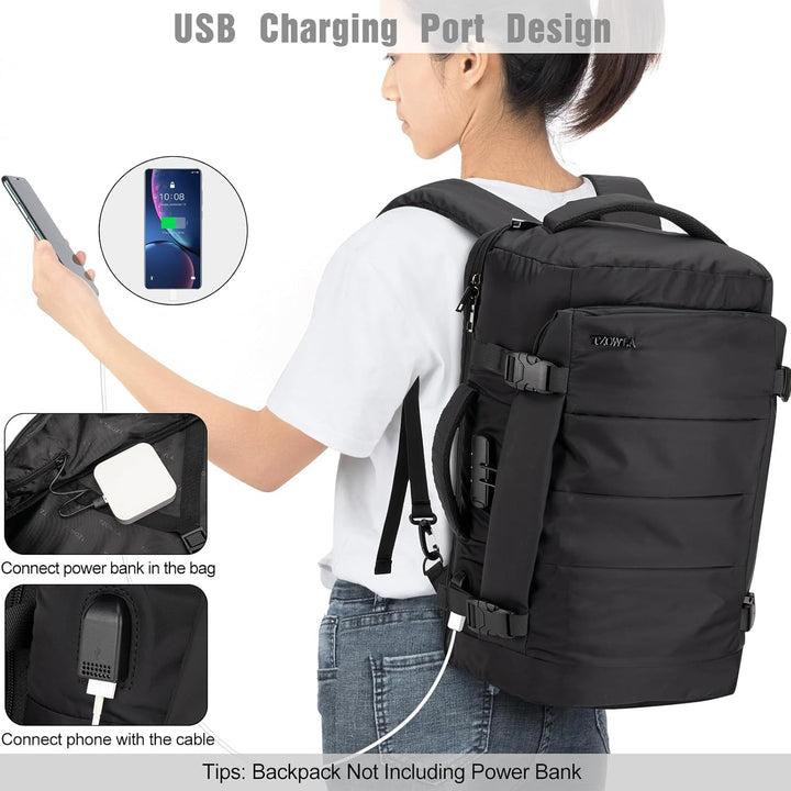 Water-resistant 40L AeroPack backpack with padded laptop sleeve, USB port & anti-theft features for travel.