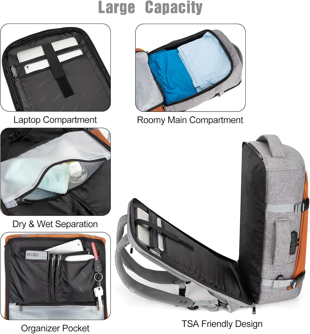 Secure 40L AeroPack travel backpack with anti-theft lock, USB charging & designated laptop compartment.