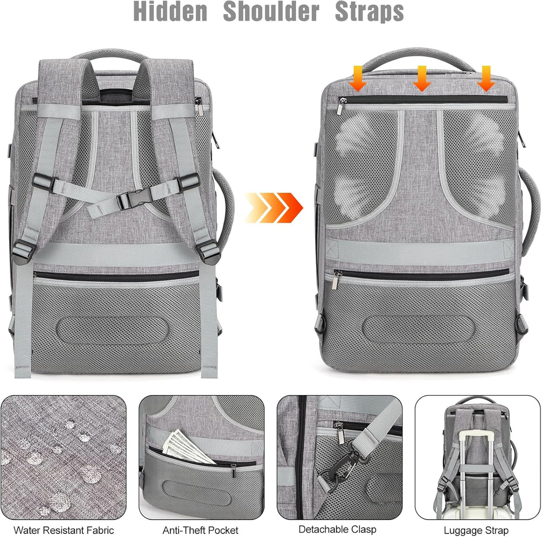 Durable 40L carry-on travel backpack for laptops, featuring a USB port and water-resistant fabric. AeroPack.