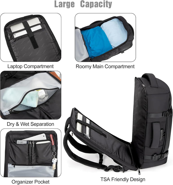Essential 40L water-resistant laptop backpack with USB port, ideal for commuters, students, and travelers.