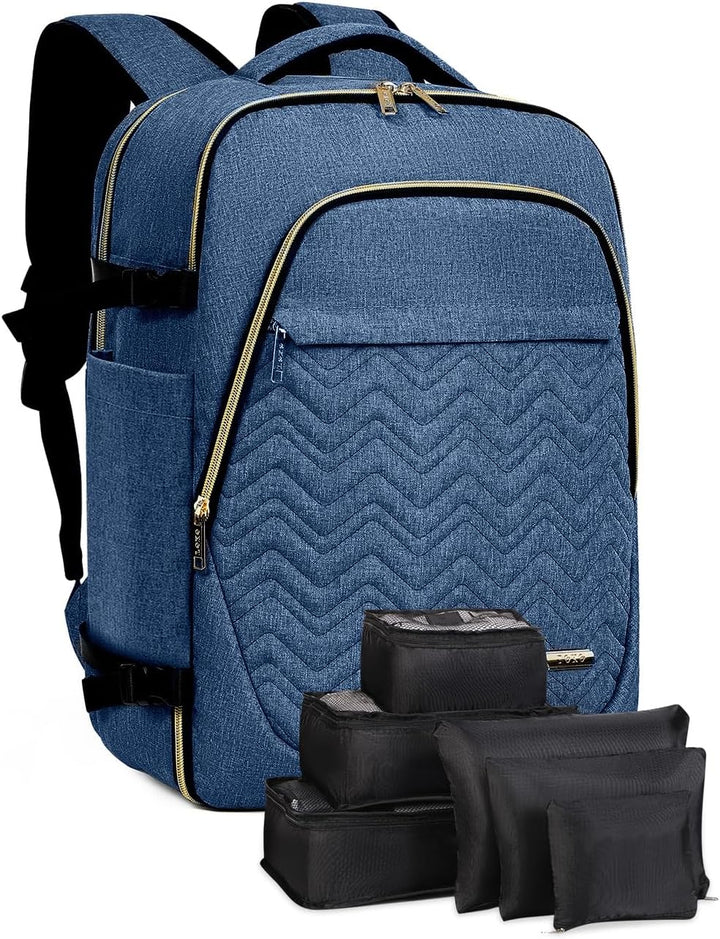 Unisex 40L black travel backpack, airline-approved carry-on for weekend trips with spacious interior.