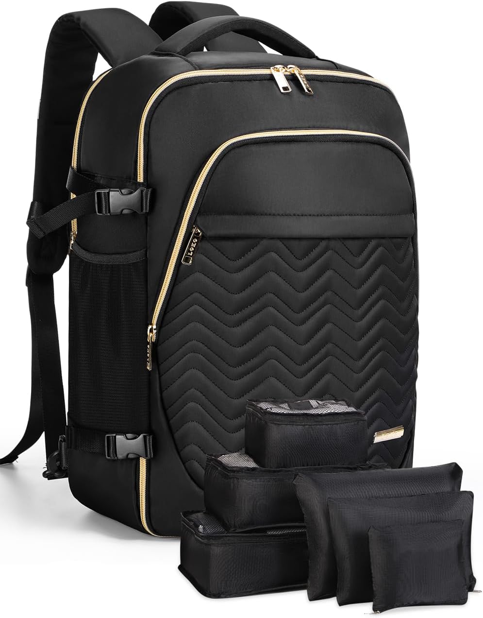 Organized 40L travel backpack in black, featuring 6 packing cubes and a padded laptop sleeve for efficient packing.
