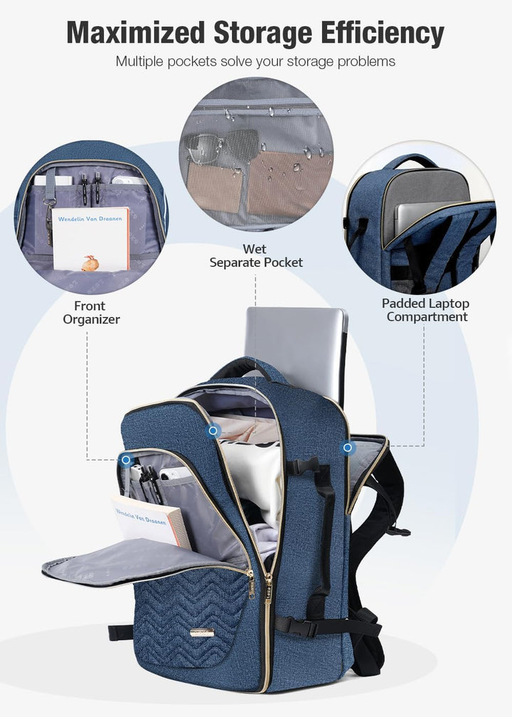 Front view of a 40L unisex travel backpack, perfect airline-approved carry-on with multiple compartments.