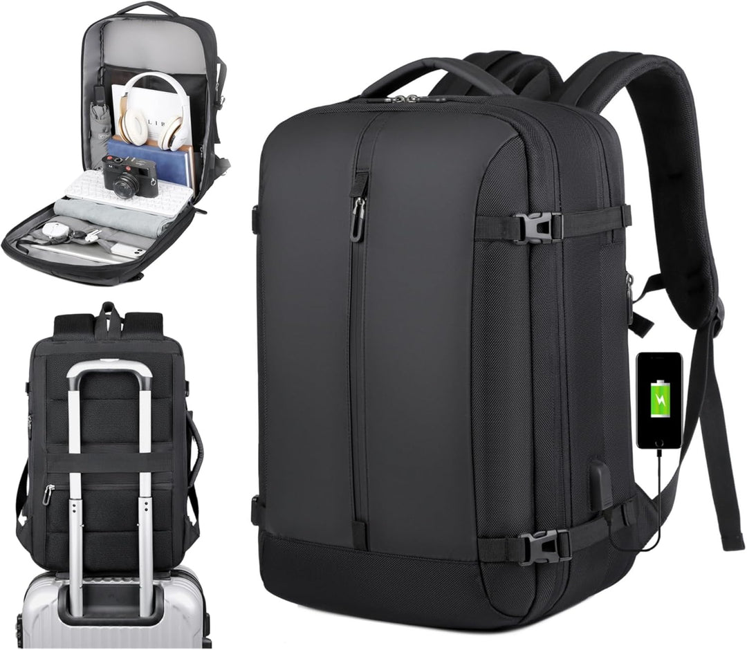 Unisex 40L expandable travel backpack in black, featuring a USB charging port and 17" laptop compartment.