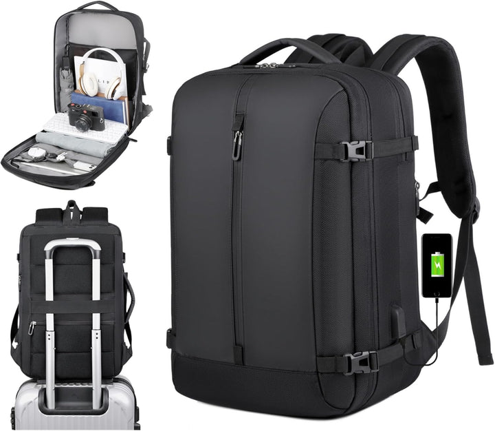 Unisex 40L expandable travel backpack in black, featuring a USB charging port and 17" laptop compartment.