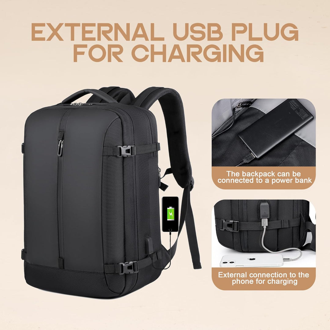 Spacious 40L carry-on travel backpack for men & women, waterproof, with USB port & anti-theft design.
