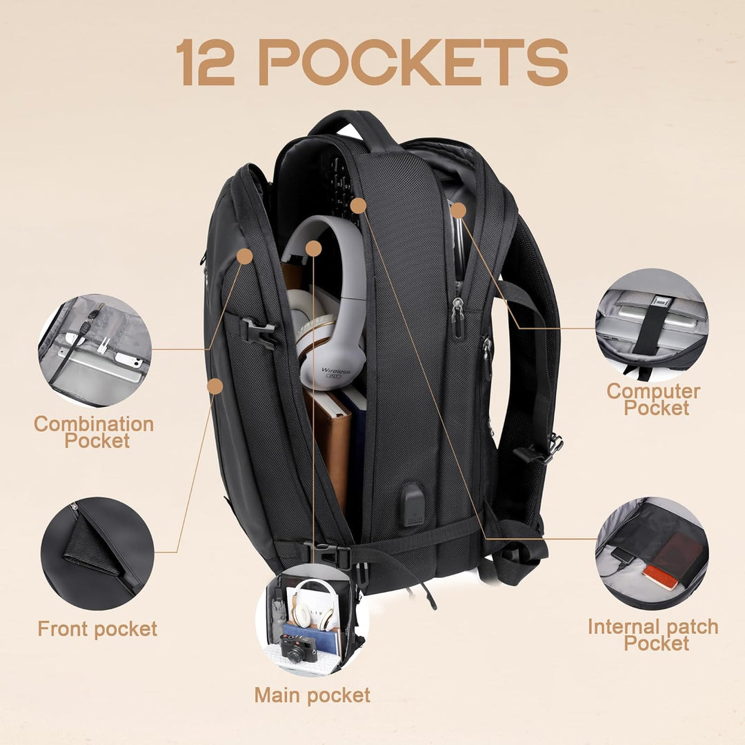 Anti-theft 40L unisex laptop backpack with USB, ideal for daily commute & travel. Fits 17" screens.