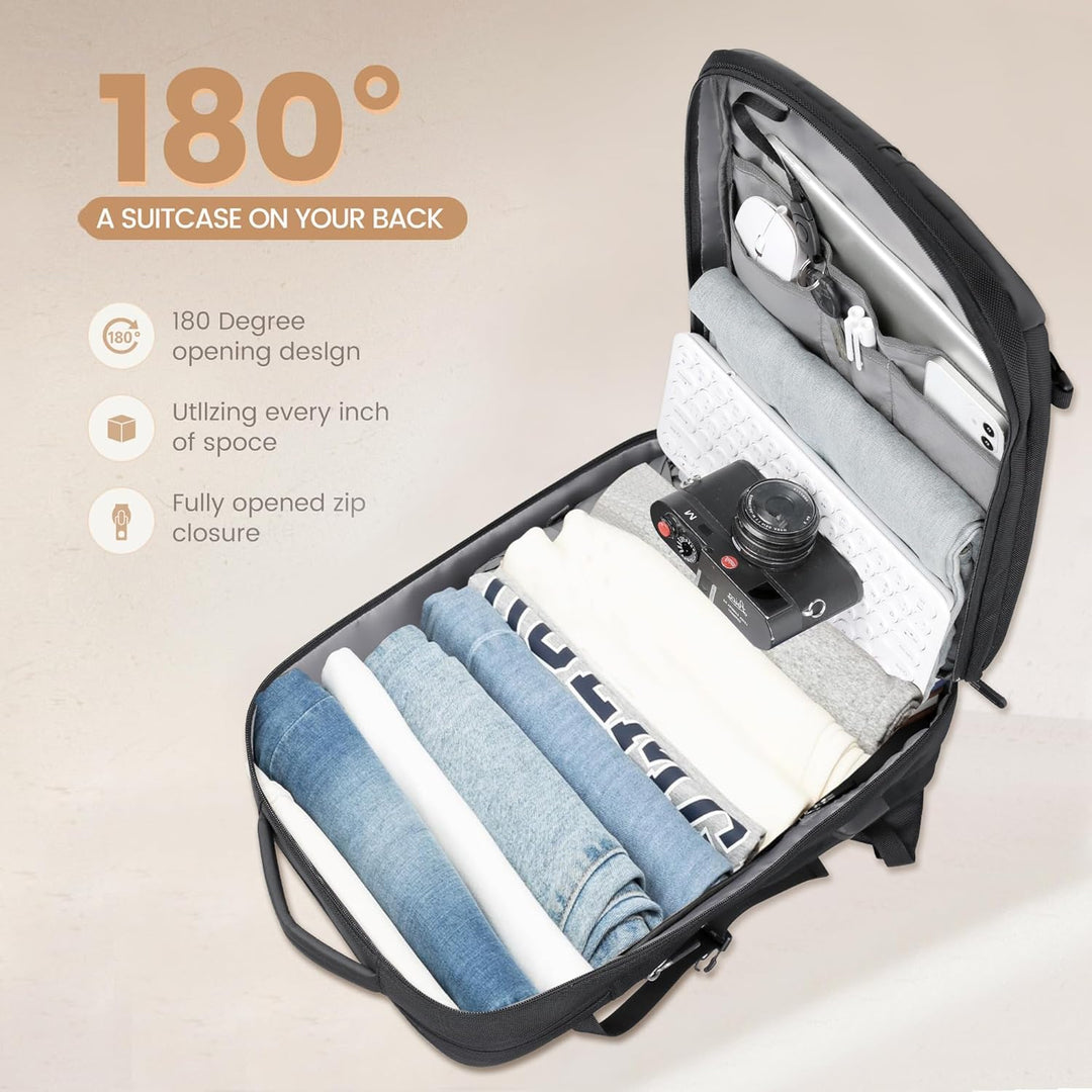 Black 40L travel backpack with external USB charging port, expandable design & dedicated 17" laptop sleeve.
