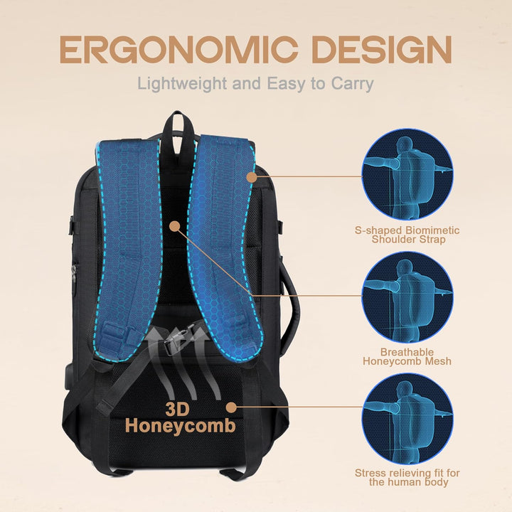 Sleek black 40L travel backpack, expandable, with USB charging. A durable & waterproof commuter bag.