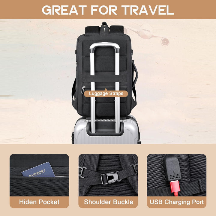 Large 40L travel backpack, expandable, anti-theft & waterproof. Designed for 17" laptops & USB charging.